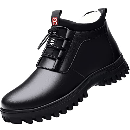 Sebasty Echtes Rindsleder Schuhe MäNner Herbst Winter Stiefel Dicke Sohle Warm PlüSch Kuh Leder Herren Stiefeletten Schwarz Schuhe-Schwarz für Den Winter,Black-43