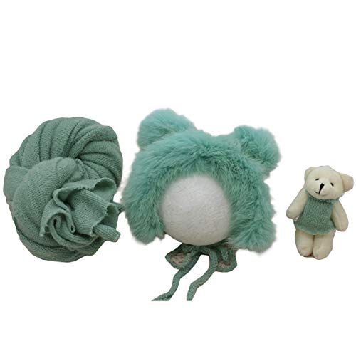 iFCOW Baby-Fototuch für Neugeborene, flauschige Mütze und Bär, Puppen-Set, Foto-Requisiten, Outfits