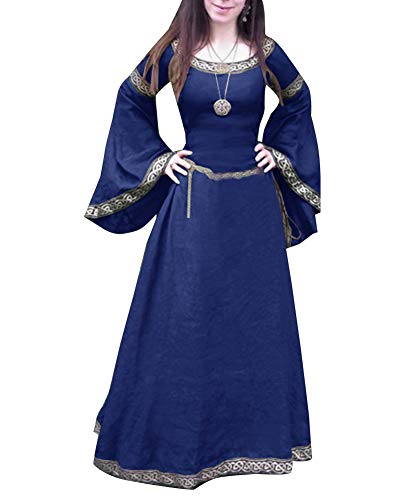 Mengyu Damen Kleid Mittelalterliche Kleider Frauen Langarm Cosplay Halloween Party Abendkleider Blau 5XL