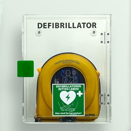 MedX5 PAD500P 8 Jahre Garantie, halbautomatischer Laien Reanimations-Defibrillator (AED) mit Anleitung und Kontrolle zur Herzdruckmassage + Plexiglaswandkasten ohne Alarm