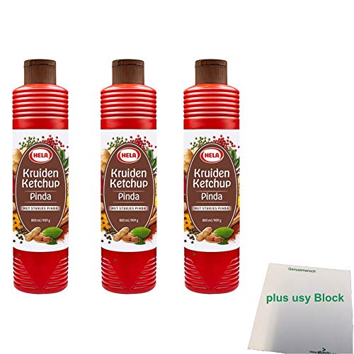 Hela Kruiden Ketchup Pinda 3er Pack (3x800ml Flasche Kräuter Ketchup Erdnuss) + usy Block