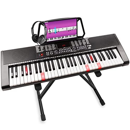 MAX KB5 - Digital Piano Keyboard für Anfänger Set, 61 Leuchttasten, Keyboard mit Ständer, Kopfhörer, 255 Sounds, 255 Rhythmen, Begleitautomatik, 3 stufiger Trainingsfunktion, Keyboard Piano - Schwarz