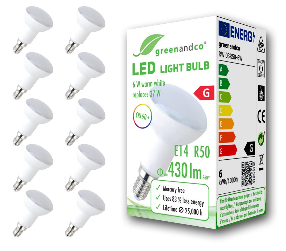 greenandco 10x CRI 90+ LED Lampe ersetzt 37 Watt R50 E14 matt, 6W 430 Lumen 3000K warmweiß 160° 230V AC, flimmerfrei, nicht dimmbar, 2 Jahre Garantie