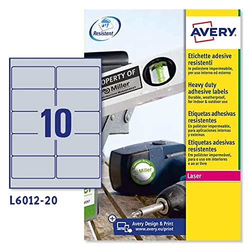 Avery L6008 - 20 - Pack von 20 Blatt Polyester-Etiketten, 25,4 x 10 mm, silber 96 x 50.8 mm silber