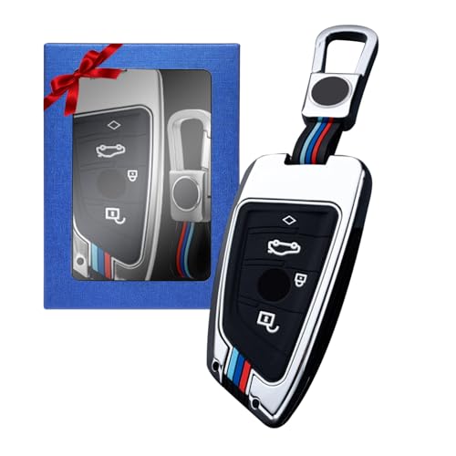 Yumzeco Zinklegierung Autoschlüssel Hülle Keyless Kompatibel mit 2 3 5 7 Serie X1 X2 X3 X5 X6 Schlüsselhülle mit Silicone TPU Schlüssel Cover Schutzhülle mit Schlüsselanhänger Silber