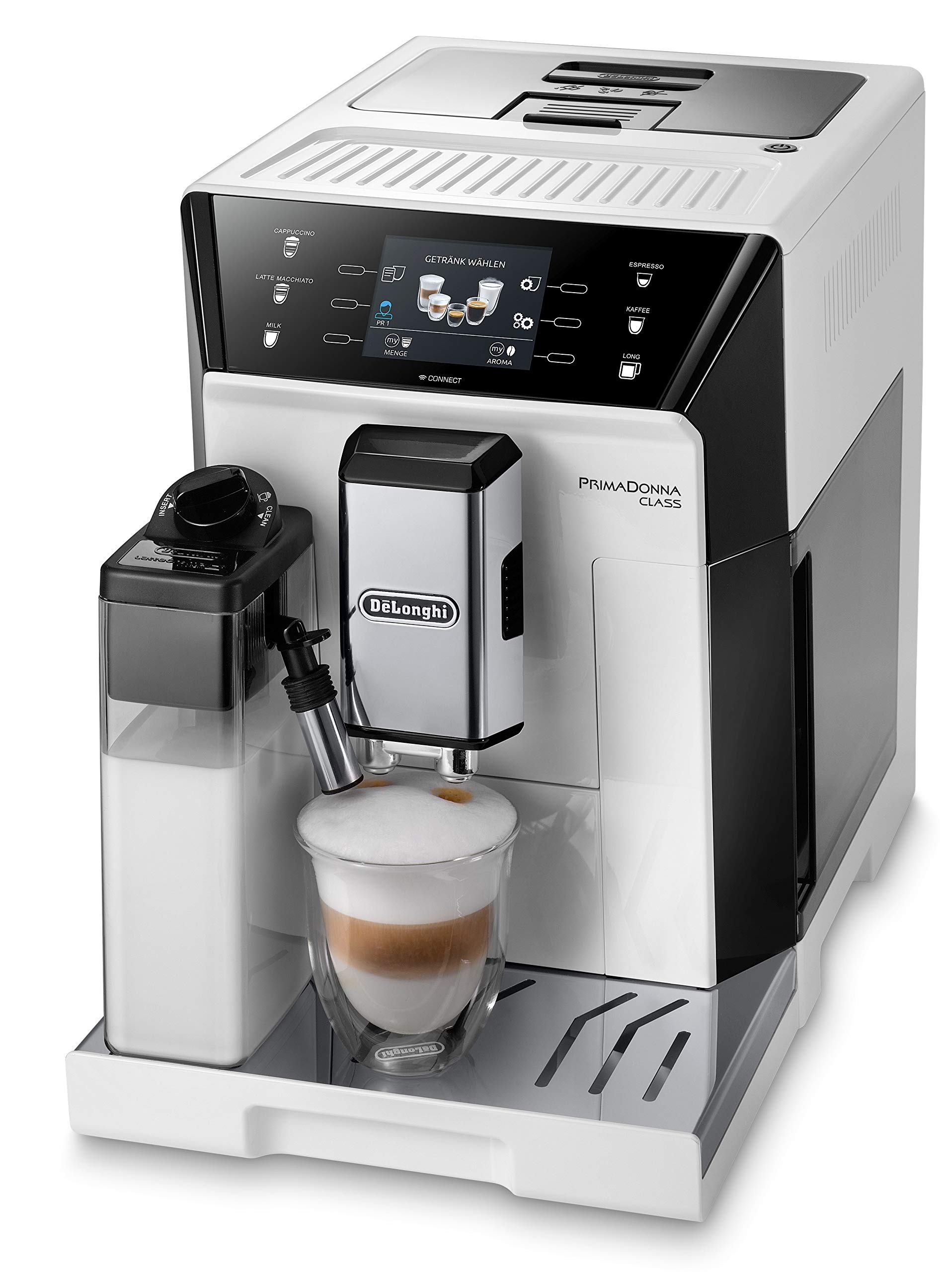 De'Longhi PrimaDonna Class ECAM 556.55.W Kaffeevollautomat mit LatteCrema Milchsystem, Cappuccino und Espresso auf Knopfdruck, 3,5 Zoll TFT Farbdisplay und App-Steuerung, Weiß