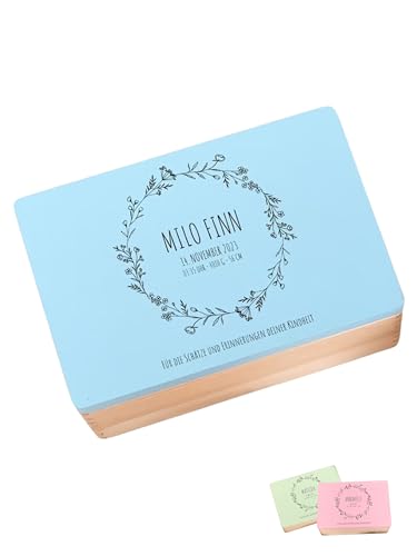 wunderwunsch - Personalisierte Erinnerungsbox Taufe mit Hochwertigem UV-Farbdruck - Individuelle Erinnerungsbox Baby - Niedliche Erinnerungskiste aus Holz - Geschenk Taufe (blau)