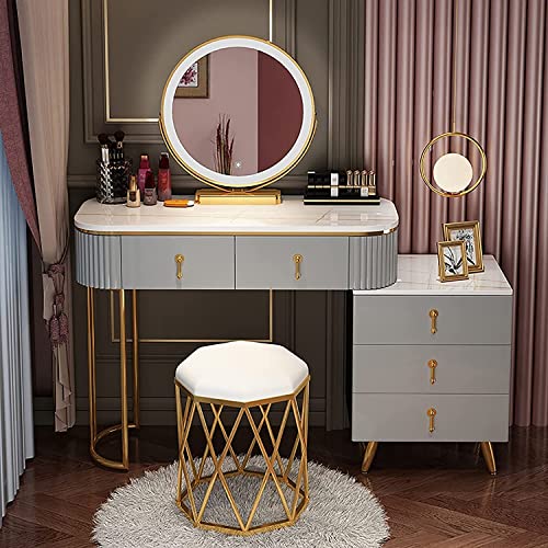 Make-up-Schminkkommode, Schreibtisch-Set, Make-up-Waschtisch, Schminktisch mit beleuchtetem Spiegel, Kommode mit 4–5 großen Schubladen, Make-up-Schreibtisch, Schlafzimmer-Mädchenmöbel für Frauen