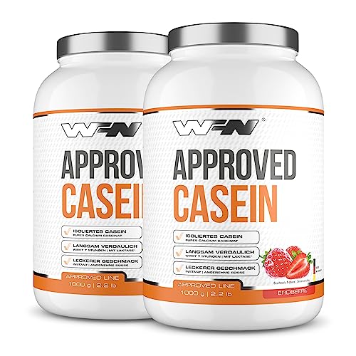 WFN Approved Casein - Casein Proteinpulver - Erdbeere - 2x 1 kg - Cremiger Casein Protein Shake - Sehr gut lösliches Kasein Eiweißpulver - 66 Portionen - Made in Germany - Extern laborgeprüft