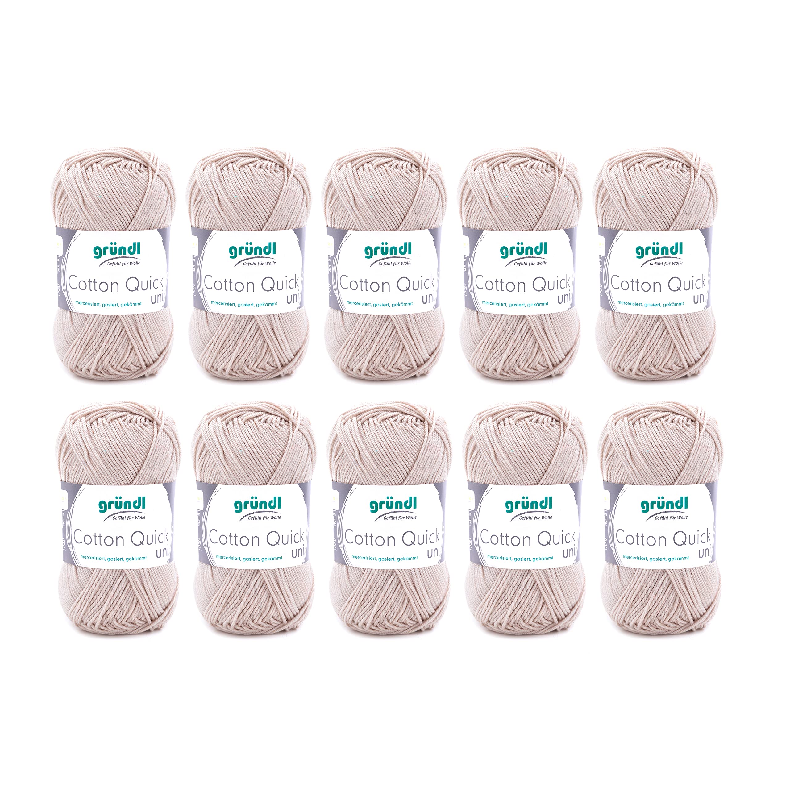 Gründl Cotton Quick Uni Strickgarn / Häkelgarn, 10 Knäuel à 50 g (farbenfrohes Garn aus 100% Baumwolle, OEKO-TEX zertifiziert, 50 g / 125 m, Nadelstärke: 3 - 4, 10 x 50 g), Sand