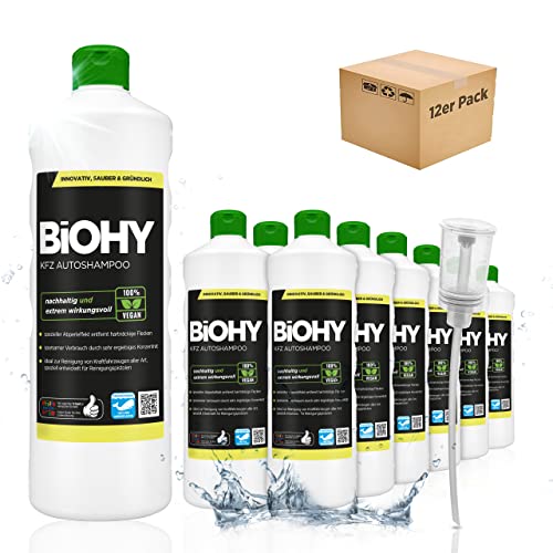BiOHY KFZ Autoshampoo (12 x 1 Liter) + Dosierer | Bio Autoreiniger schützt Lack vor Schmutz von Außen | biologisch abbaubares Reinigungsmittel | für Hochdruckreiniger geeignet