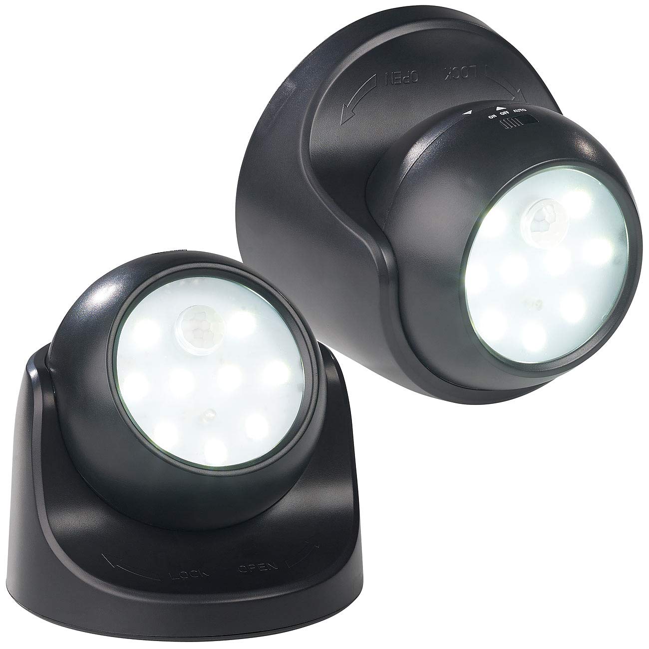 Luminea Lampe Batterie: 2er-Set kabellose LED-Strahler, Bewegungssensor, 360° drehbar,100 lm (Kabellose LED Leuchte, LED Lampe Batterie, Lampen Bewegungsmelder)