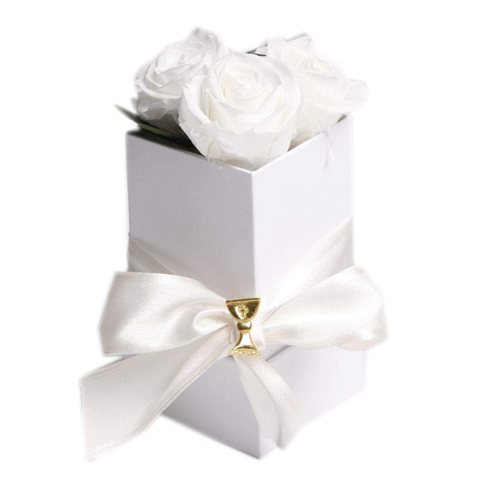 Rosenbox Celebration Trio lang Geschenk zur Kommunion - 3 konservierte haltbare Rosen weiß