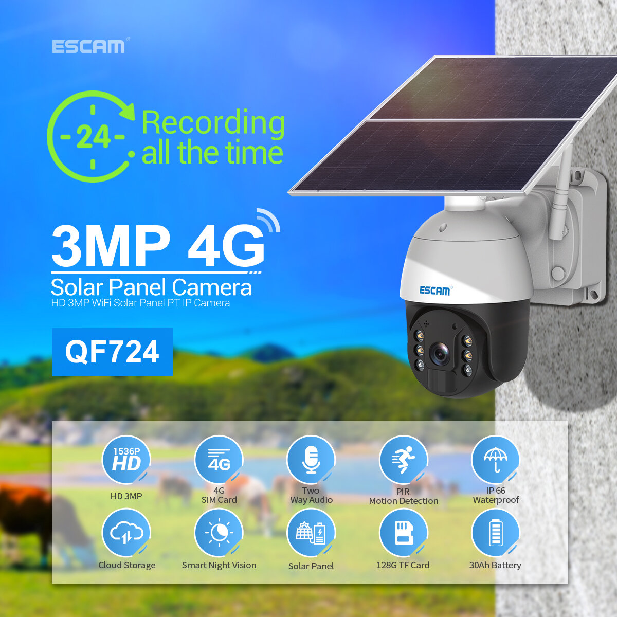 ESCAM QF724 3MP 24-Stunden-Aufzeichnung Cloud-Speicher PT 4G Batterie PIR Alarm-IP-Kamera mit Solarpanel Vollfarb-Nachts