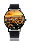Armbanduhr für Damen und Herren, personalisierbar, leger, schwarzes Lederband, Unisex Sonnenblumenfeld