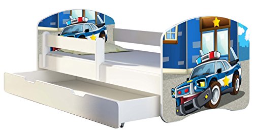 Kinderbett Jugendbett mit einer Schublade und Matratze Weiß ACMA II 140 160 180 40 Design (160x80 cm + Bettkasten, 38 Polizei)