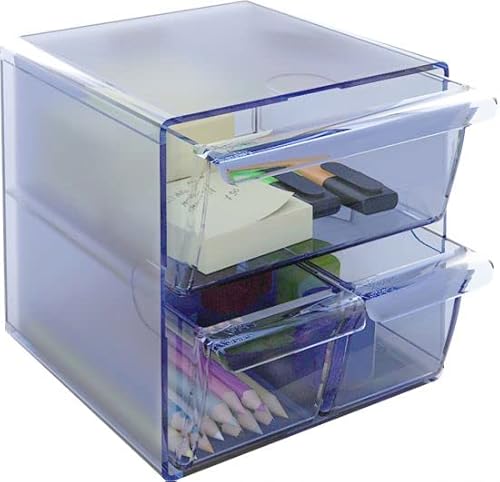 m-office Kali Modularer Organizer, stapelbar, aus transparentem Polystyrol, mit 2 kleinen Schubladen und 1 großen Schubladen (Blau transparent)