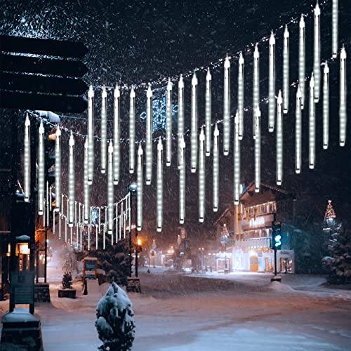 LED Meteor Regen Lichter Außen lichterkett,DINOWIN Solar wasserdichte Lichterketten 30cm 10 Tube 360LEDs, kaskadierende Lichter für Feiertags-Party-Hochzeits-Weihnachtsbaum-Patio-Dekoration (Weiß)