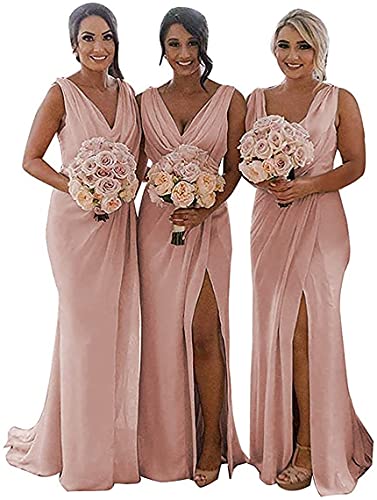 N/ C Doppelter V-Ausschnitt Brautjungfernkleider Lange Trauzeugin Kleid Chiffon Hochzeit Abendkleider für Frauen, Dusty Rose, 36