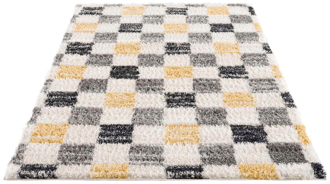 carpet city Teppich Shaggy Hochflor - Karo-Muster 80x150 cm Creme Grau Gelb - Teppiche Kariert Wohnzimmer