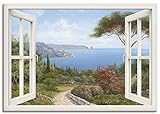 Artland Leinwandbild Wandbild Bild auf Leinwand 100x70 cm Wanddeko Fensterblick Fenster Küste Meer Bucht Landschaft Natur Malerei Kunst T4EF