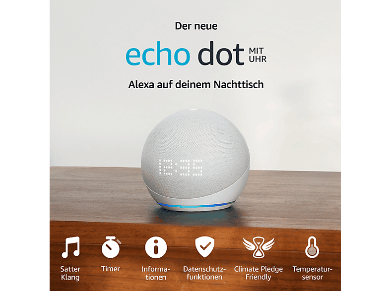 AMAZON Echo Dot (5. Gen, 2022) mit Uhr, Alexa Smart Speaker, Weiß