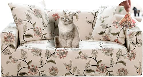 HYSENM 1/2/3/4 Sitzer Sofabezug Sofaüberwurf Stretch weich elastisch farbecht Blumen-Muster, Beige 3 Sitzer 190-230cm
