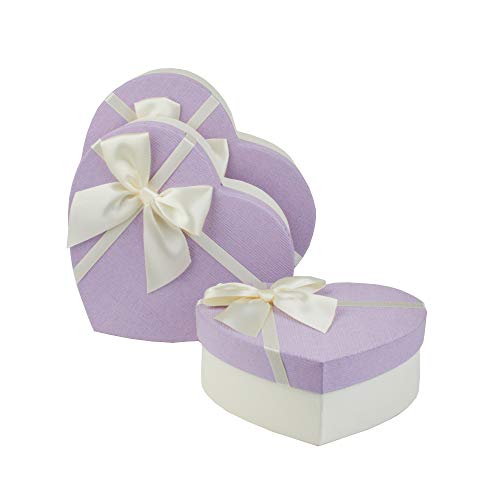Emartbuy Set mit 3 starren Herzen Geschenkboxen, strukturierte weiße Box mit lila Deckel, Satinschleife und 100 g geschreddertes Papier in Weiß