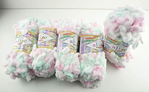 Alize Puffy Color 5 x 100 Gramm Strickwolle, 500 Gramm Fingerstrick - Wolle super Bulky, Schlaufenwolle, Stricken ohne Nadel Batik (6052)