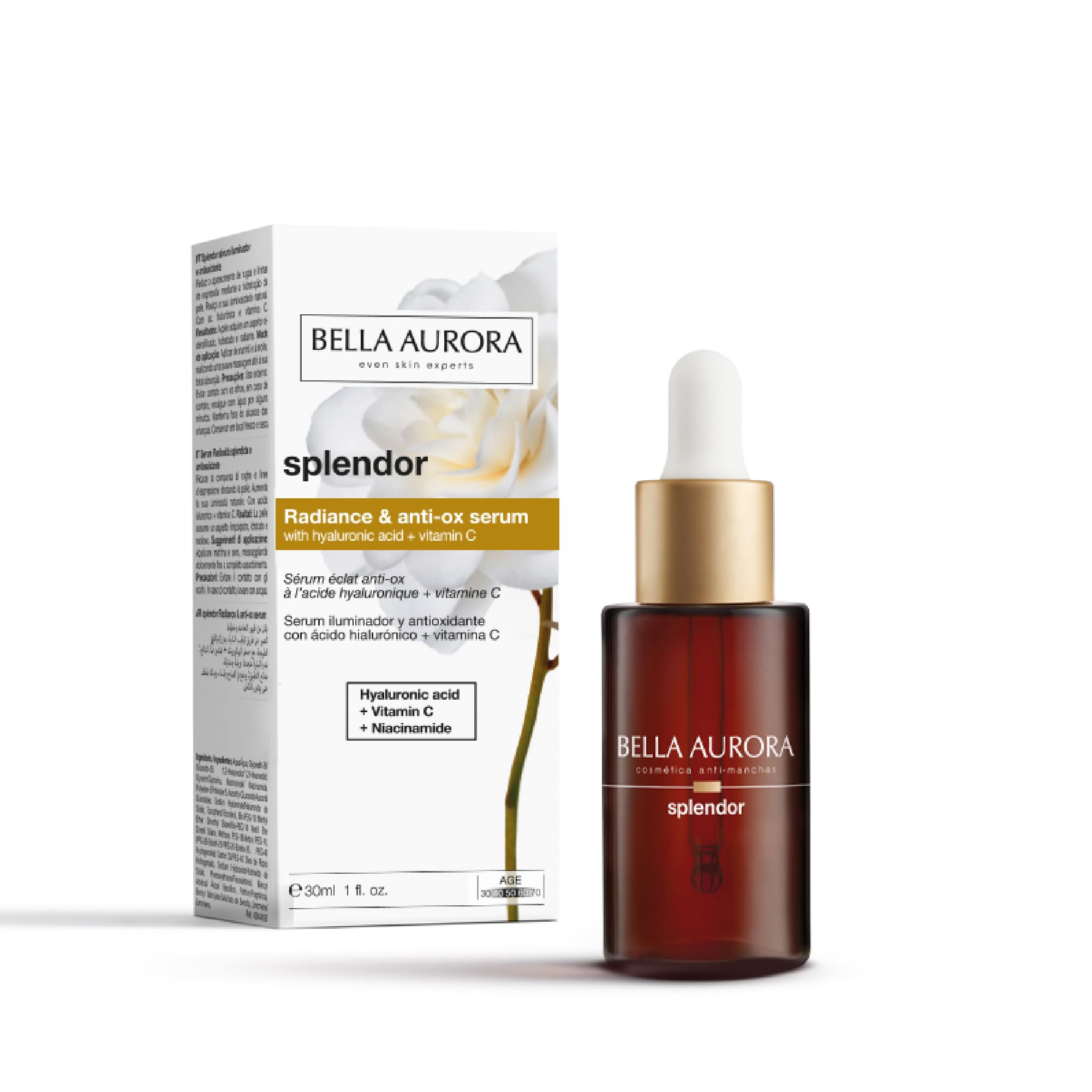 Bella Aurora, Splendor Vitamin C + Hyaluronsäure + Niacinamid, Radiance and Antioxidant Serum, Anti-Ageing Serum in Vials, Anti-Macchia, Anti-Wrinkle (Dropper 30 ml)