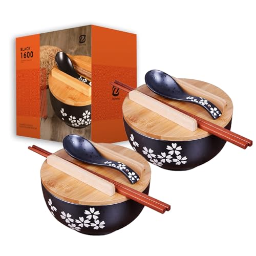 Japanisches Ramen Schüssel 1000ML Keramik Suppenschüssel Schwarzes Ramen Bowl Set,Inkl. Stäbchen, Deckel und Löffel (2 set)