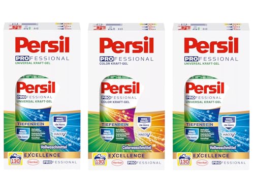 PERSIL Professional Kraft-Gel-Set 3x 130 Waschladungen (390WL) 1x Color & 2x Universal, Flüssigwaschmittel-Set Großpackung mit Tiefenrein Plus-Technologie, auch für Profis, Vorratspack