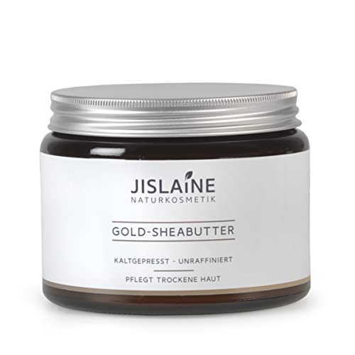 Jislaine Gold-SHEABUTTER - Kaltgepresst und unraffiniert für sehr trockene Haut & Haare -> Komplett vegan & ohne Palmöl - beste Hautpflege - im Glastiegel (500ml)