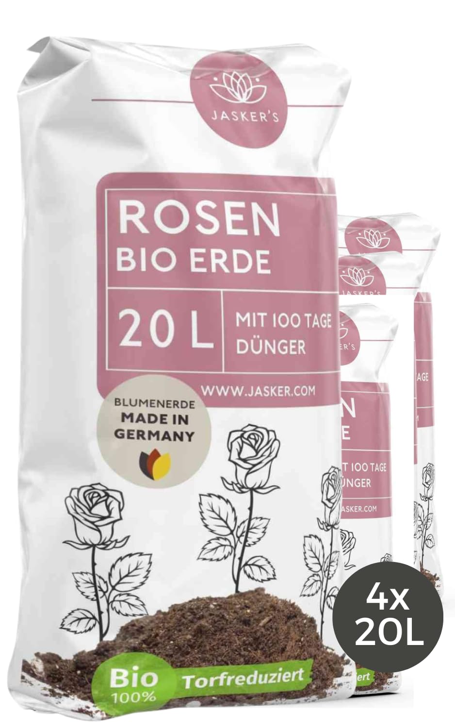 Bio Rosenerde 80 L (4x20L) - Blumenerde für Rosen aus 40% weniger Torf - Pflanzerde Rosen - Rosenerde für Kübel mit Dünger - Erde für Pflanzen - Rosen Anzucht Erde - Erde für Rosen - Rosen Erde