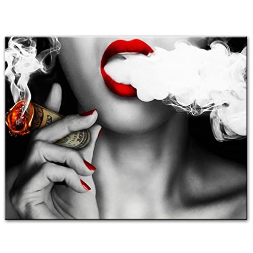 Rumlly Sexy Girl Smoking A Cigar Red Lips Wandkunst auf Leinwand, moderne Pop-Art-Gemälde, Poster und Drucke für die Heimdekoration, 80 x 120 cm, rahmenlos