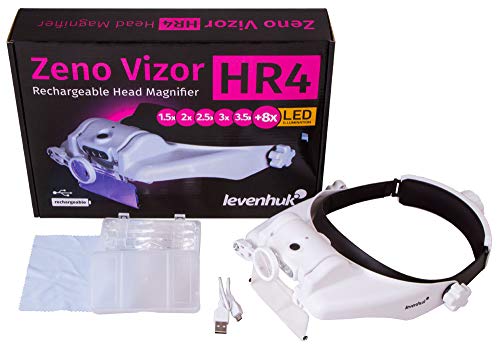 Levenhuk Zeno Vizor HR4 Per USB Wiederaufladbare Lupe — Kopfband-Lupenbrille mit LED-Licht und 1,5- / 2- / 2,5- / 3- / 3,5- / 8-Facher Vergrößerung