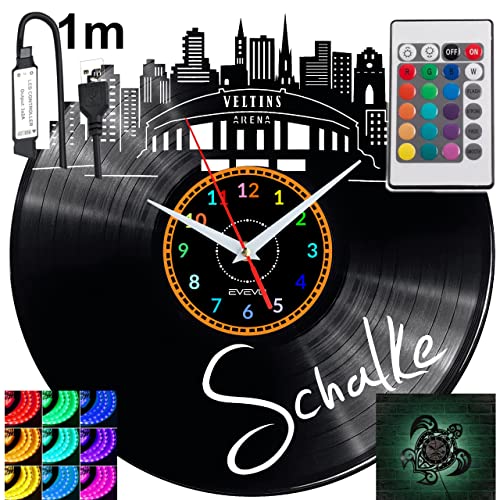 EVEVO Schallplattenuhr Schalke RGB LED Pilot Wanduhr für Fernbedienung Schallplatte Modern Dekorativ für Geburtstagsgeschenk Tolles Geschenk Uhr