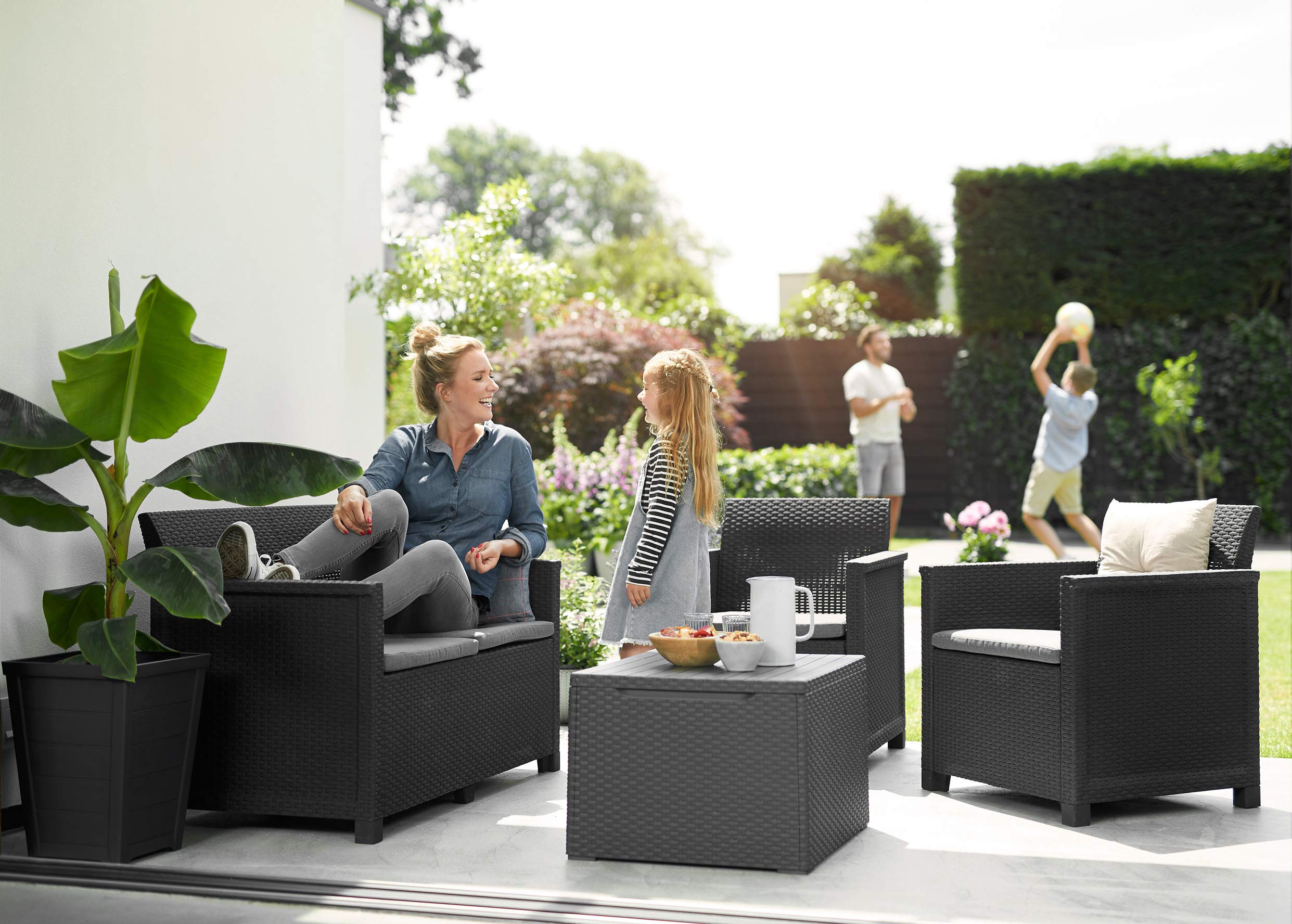 Lounge-Set 4-tlg. bestehend aus: 2er Sofa, 2x Sessel und Kissenbox Tisch - stilvolle Sitzgruppe in Rattan Optik - inklusive Sitzkissen - ergonomische Rückenlehnen für maximalen Sitzkomfort