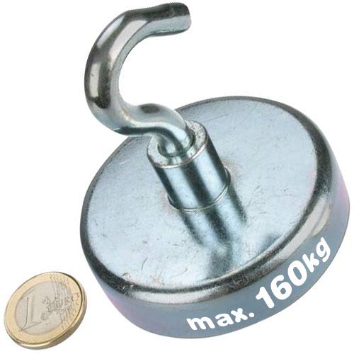 Magnethaken Neodym Magnet mit Haken - Ø 75 mm - Neodym (NdFeB) Zink - Hält 160 kg - Hakenmagnet (Topfmagnet mit Haken) - starke Magnete (Supermagnete) mit extremer Haftkraft für Industrie und Zuhause