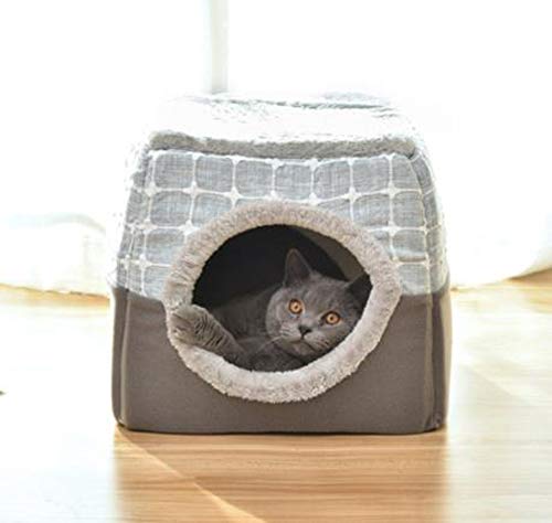 ANQI Haustierbett, Katzen- und Hundebett, Höhle, 5,1 cm, zusammenklappbar, ultraweiches Haustierbett, bequemes Bett für Katzen, grau kariert, S-35 x 33 x 30 cm
