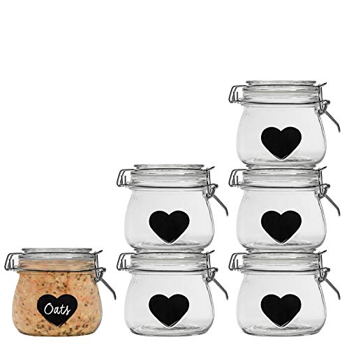 Nicola Spring Startseite Erhaltung Bundle - Set von 6 Geprägten Herzen Lebensmittel Jam Vorratsgläser mit Dichtungen, Tafel Etiketten - 500ml