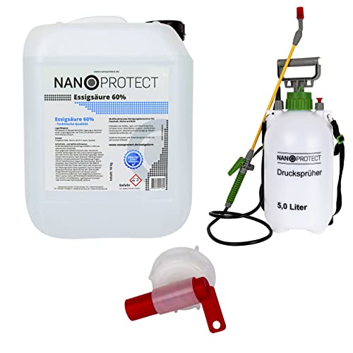 Nanoprotect Essigsäure 60% | 10 kg inkl. Drucksprüher und Spezial Auslaufhahn | Premium Qualität