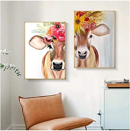 SHPXMBH Leinwand Wandkuh mit Blume Tier Poster und Drucke Gemälde auf Leinwand Bild für Wohnzimmer Home Decoration2 Stück   50x70cm ohne Rahmen
