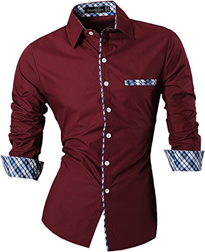 jeansian Herren Freizeit Hemden Shirt Tops Mode Langarmlig Men's Casual Dress Slim Fit (USA L, Z020_WineRed)