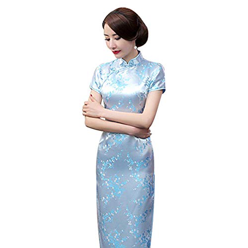 Kalaokei Cheongsam-Kleid, traditionelles Pflaumenblüten-Design, für Damen, chinesisches langes Cheongsam-Abendkleid, himmelblau, L