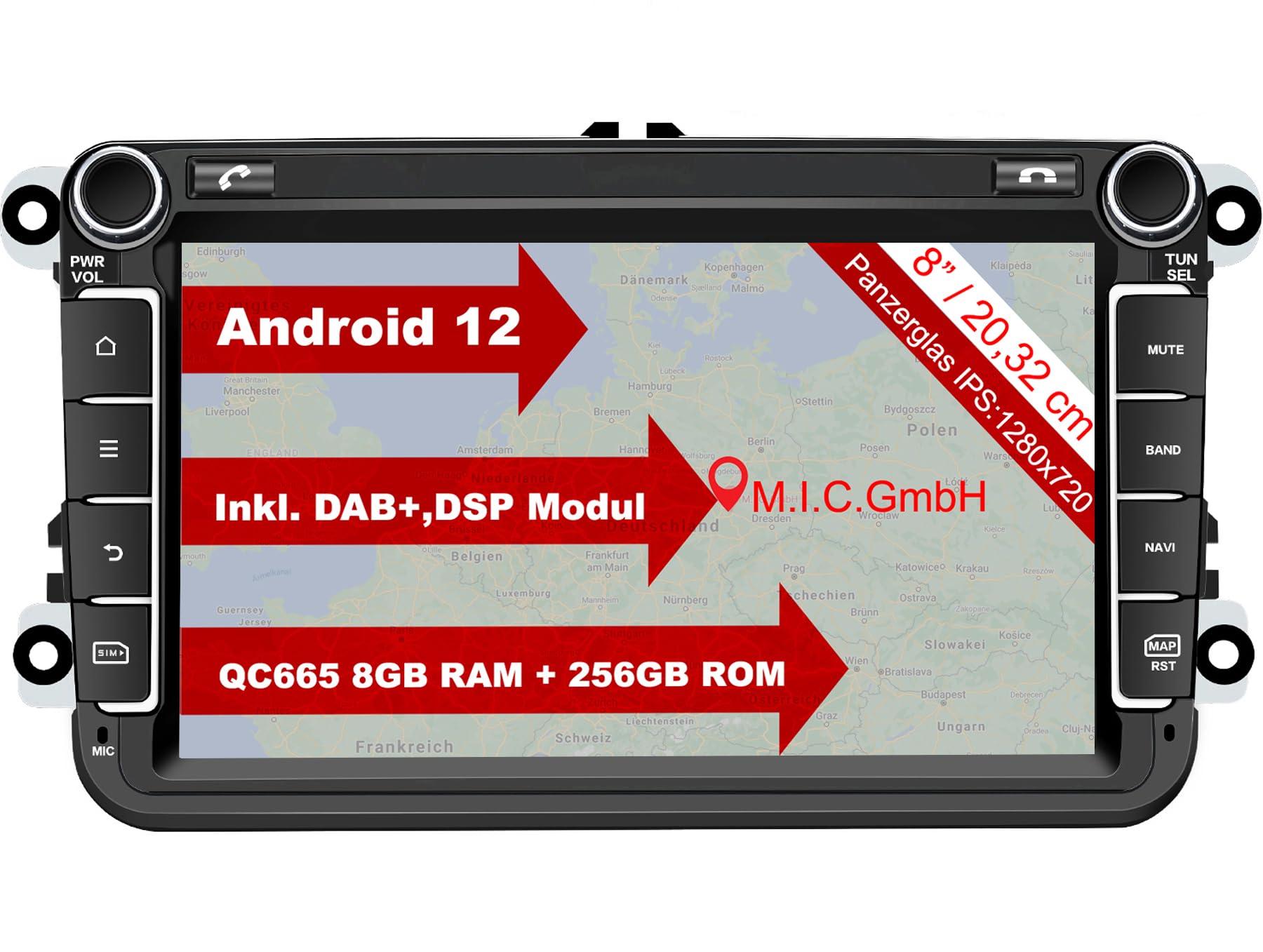 M.I.C. AV8V7-Ultra Android 12 Autoradio mit navi Qualcomm Snapdragon 665 8G+256G Ersatz für VW Golf t5 touran Passat RNS RCD Skoda SEAT: SIM DAB Plus BT 5.0 WiFi 2din 8" IPS Panzerglas Bildschirm USB