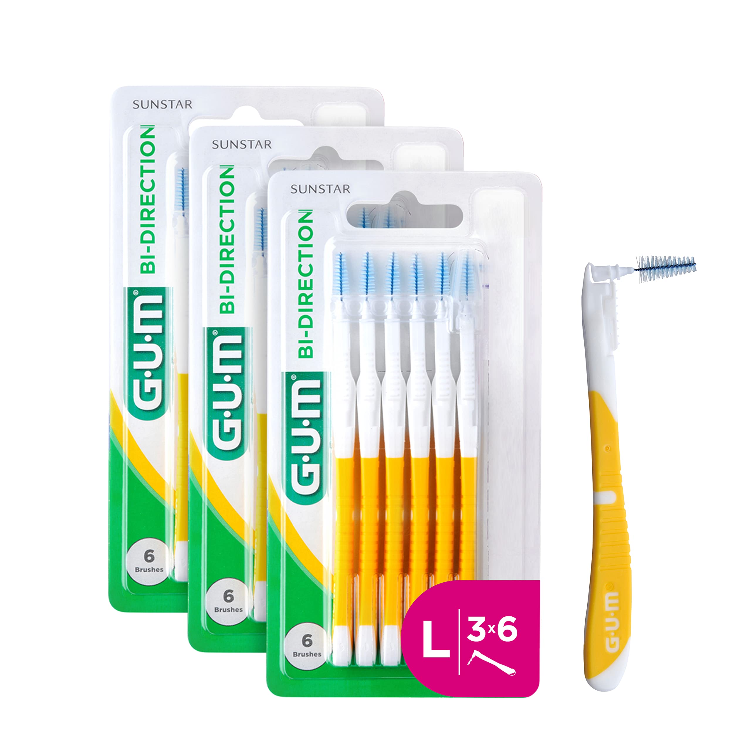 GUM BI-DIRECTION Interdentalbürsten/längerer Griff für eine einfache und gründliche Reinigung der Zahnzwischenräume / 3x 6 Stück (1.4mm)