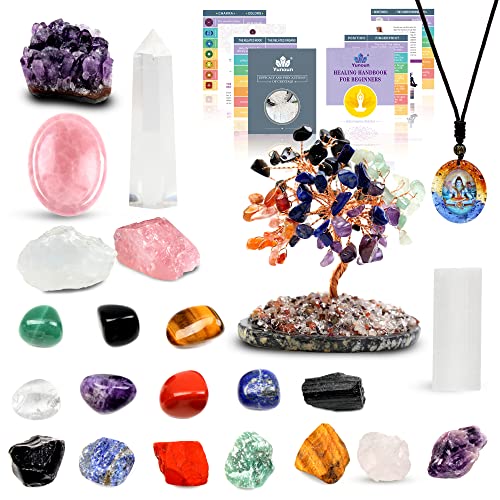 Yunoun Natural Healing Crystals and Chakra Stones Set with Amethyst Cluster, Thumb Worry Stone，Selenite，Pink Crystal Tree, Tourmaline，Large Rose and White Crystal for Cleaning Healing Energy,Reiki