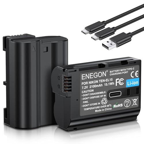 ENEGON EN-EL15/EL15a/b/c USB-C Direktladung Ersatzakkus 2100mAh (2er-Pack) mit 2-in-1 USB-C Ladekabel für Nikon EN-EL15 und Nikon D7100,D750,D7000,D7200,D610,D880,D810,D800,D600,D800e,D810a,Z5,Z6,Z7