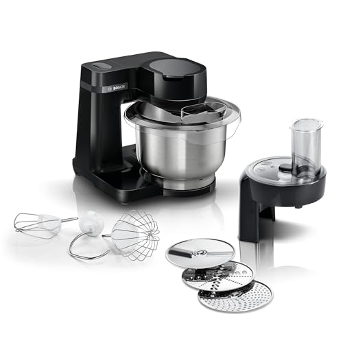 Bosch MUMS2EB01 Küchenmaschine MUM Serie 2, 700 W, 3,8l Edelstahlschüssel, Durchlaufschnitzler und 3 Scheiben, Patisserieset Edelstahl, schwarz